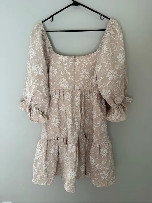 Shop the Mint Tan White Floral Embroidered Puff Sleeve Mini Dress Large - Image 6