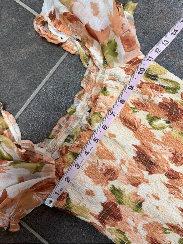 Abercrombie & Fitch Smocked Short Sleeve Floral Ruffle Midi Dress Orange Small - Image 11