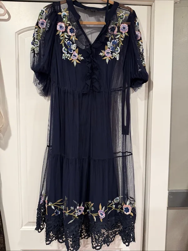 French Connection Navy Embroidered Midi Dress size‎ 6 new without tags - Image 2