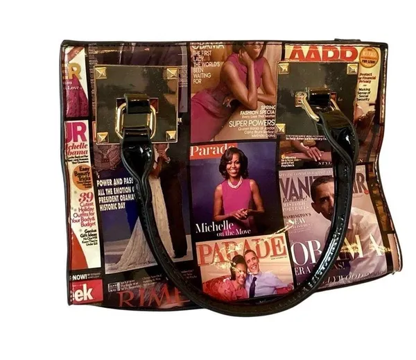 Magazine Print Hardware Accent Small Satchel Black - Image 2