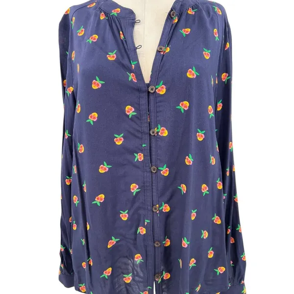 Anthropologie Kendra Dandy Dreamer Buttondown Top Blouse Pineapple Navy Blue‎ 12 - Image 5
