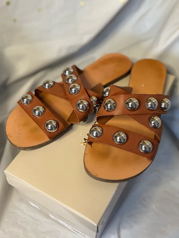 Marc Fisher Carmel Brown Leather Slide Sandals with Silver Stud Accents - Image 5