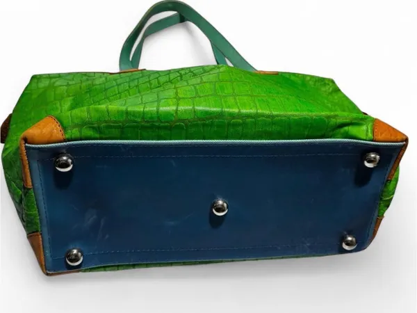 Green Croc-Embossed Tote with Tan Trim and Green Straps - Image 4