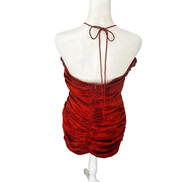 Ronny Kobo Orielle Rust Orange Silk Blend Jacquard Ruched Halter Mini Dress L - Image 7