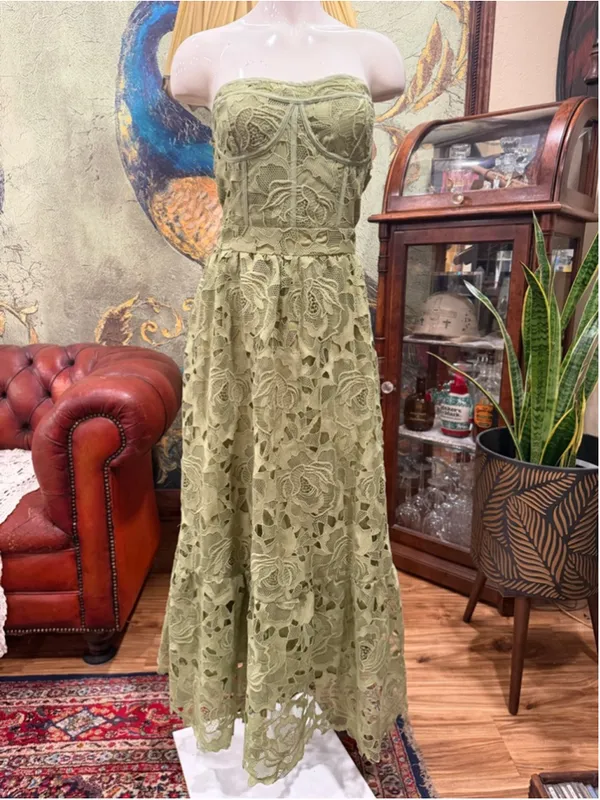 Glam Sage Green Lace Corset Maxi Dress Strapless Cutout Crochet Floral XL Summer - Image 3