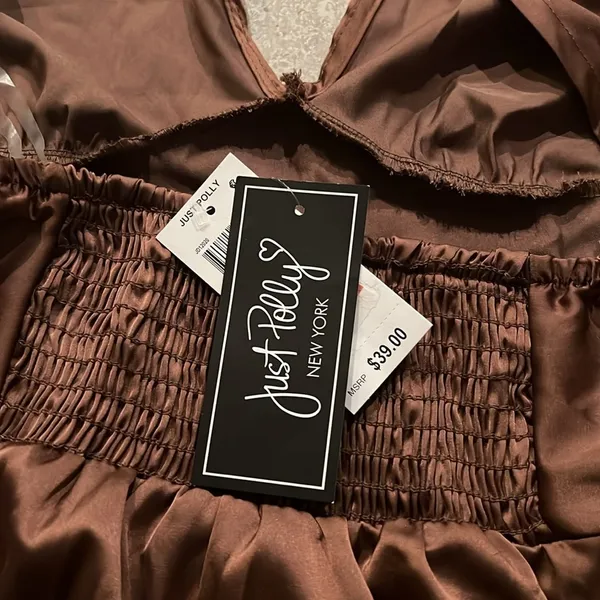 NWT Just Polly Printed Halter Tie V-Neck Dress Juniors' Size L, Cocoa New w/Tag - Image 5