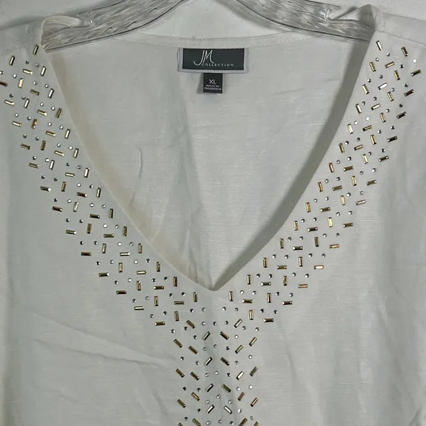 JM Collection White Linen Blend Embellished‎ V-Neck Tunic Top XL FLAW - Image 3