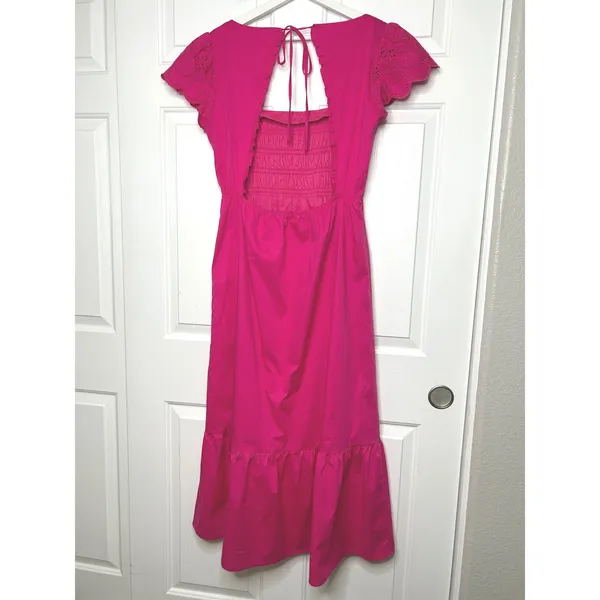 Jason Wu Smocked Eyelet Open Back Midi Dress‎ Large Hot Pink - Image 3