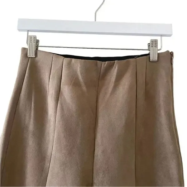 ZARA Faux Suede Legging Trouser Medium Camel Brown Seamed Ankle-Zip SZ M #1128 - Image 4