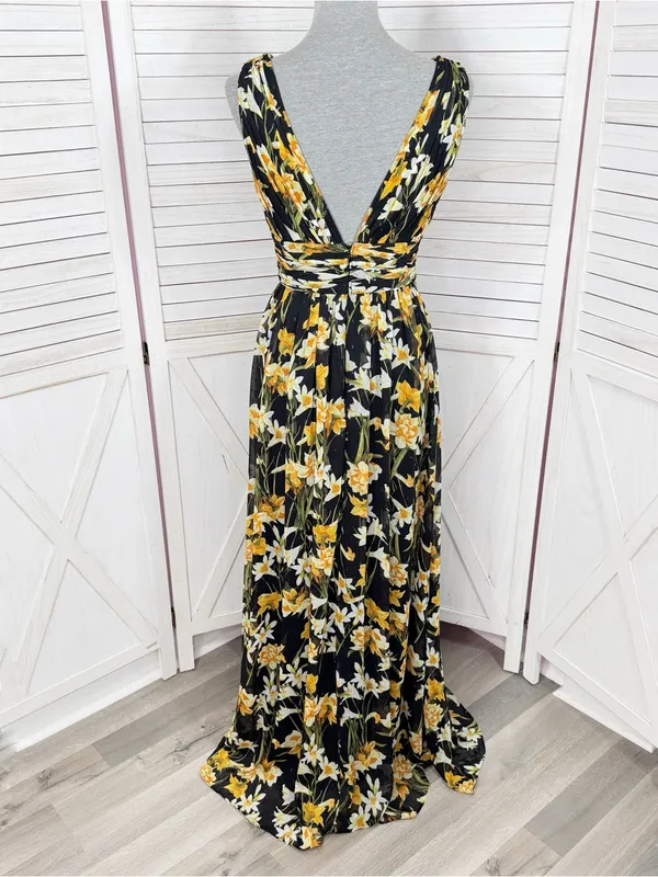 Aidan Mattox Floral Pleat V Neck Front Slit Formal Maxi Dress Black Yellow 8 - Image 5