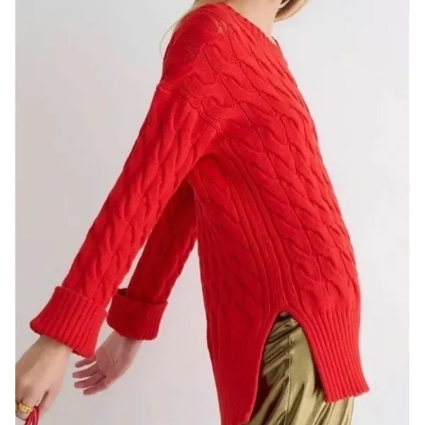 J.Crew Womens Red Cable-Knit Side-Slit Crewneck‎ Sweater BM401 L-XL NEW - Image 2