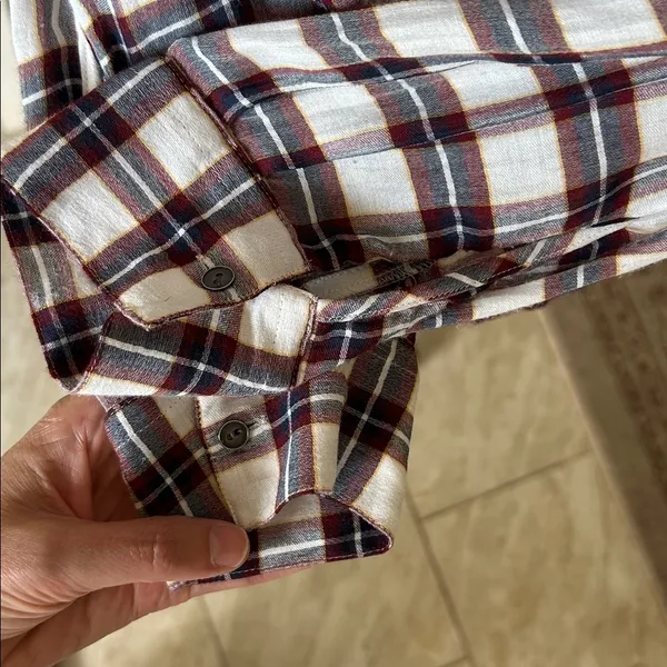Ann Taylor loft white navy maroon plaid long sleeve boxy sheer blouse top M​​ - Image 8