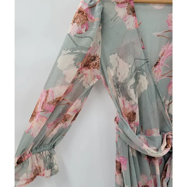 Express Wrap Dress Womens S/M Green Floral Watercolor Sheer Tiered Long Maxi - Image 8