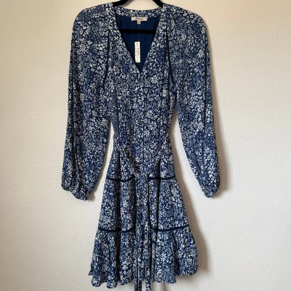 Madewell Blue White Floral Tiered Mini Dress Long Sleeve NS128 Size 00 NWT - Image 2
