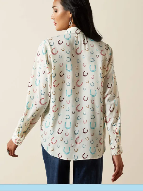 Ariat Western Horseshoe Print Cream Ivory Button Down Blouse Top Large - Image 2