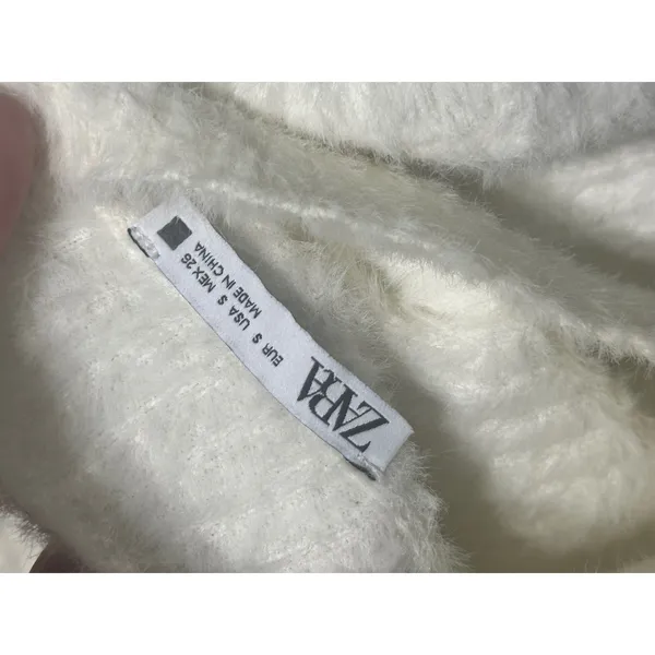 Zara Womens Cream Fuzzy Eyelash Knit Mock Neck Sweater Small Ribbed Ivory Soft - Image 4