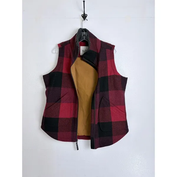 Woolrich Buffalo Plaid Wool Blend Zip Vest Red Black Women's L - Image 2