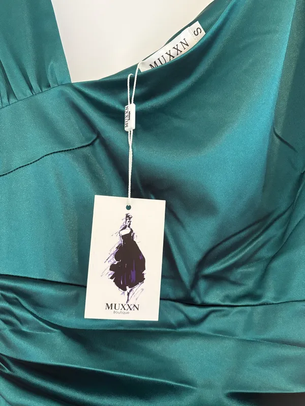 One shoulder, emerald green satin maxi dress - Image 4