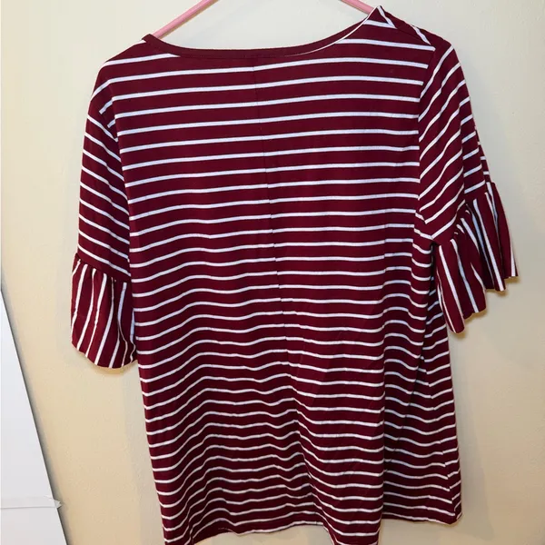 Tickled Teal Burgundy and White Striped Ruffle Sleeve Top - Image 3