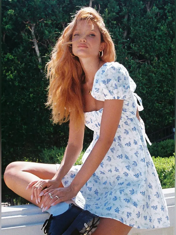 Princess Polly Blue Floral Puff Sleeve Mini Dress Cotton White Tie Back US 8 - Image 2