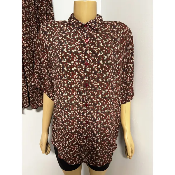 VINTAGE Jane Ashley Burgundy Floral Two Piece Shirt and Pleated Midi Skirt ML - Image 6