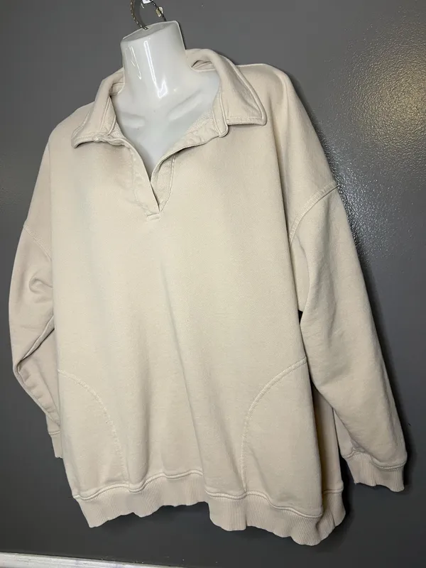 Aerie Sweatshirt Womens Medium Beige Collared V Neck Fleece Pullover Relaxed - Image 4