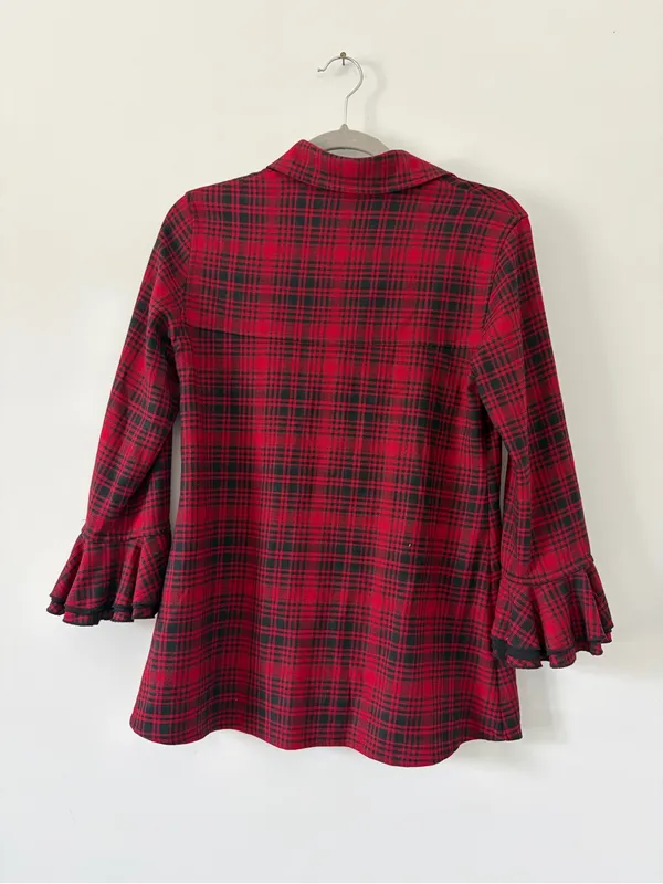 Vintage Alice + Olivia Red Black Plaid Wool Viscose Flounce Sleeve Fall Top S - Image 5