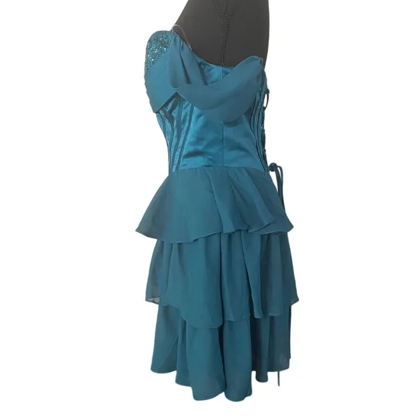 Teal Sequin Corset Mini Dress Off Shoulder Ruffle Tiered Lace Up Prom Formal S/M - Image 3