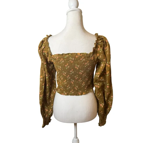 Aerie Smocked Bodice‎ Floral Crop Top Blouse Small Cottagecore Boho Chic Forest - Image 7