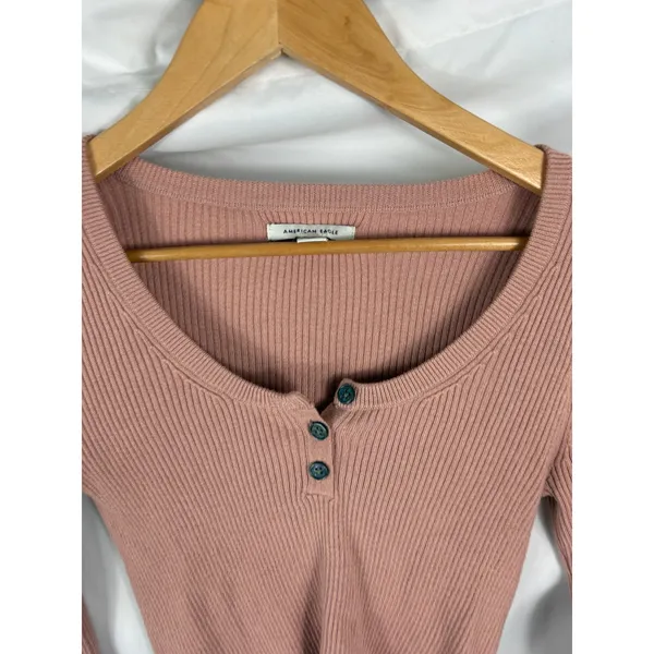 American Eagle Ribbed Button V Neck Long Sleeve Crop Top Pink Size Small - Image 2
