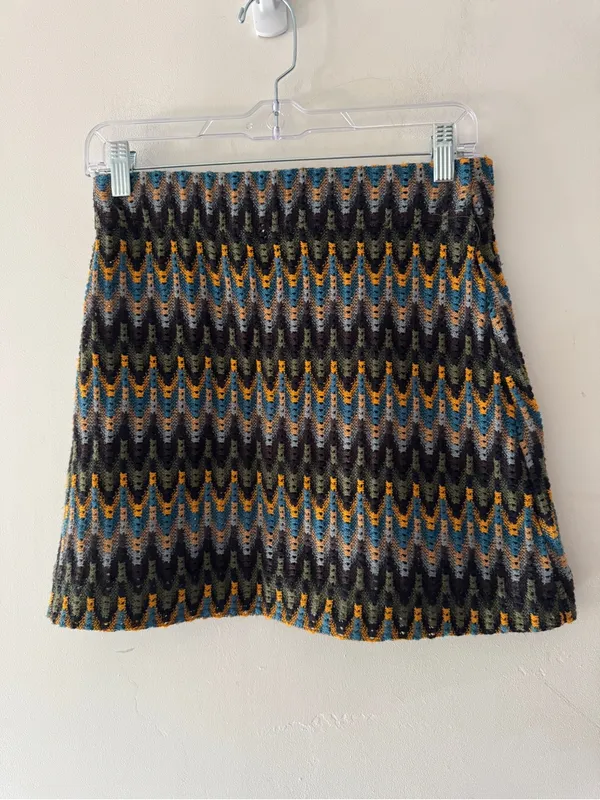 Free People Retro Multicolor Open Knit Chevron‎ Crochet Mini Skirt - Image 3