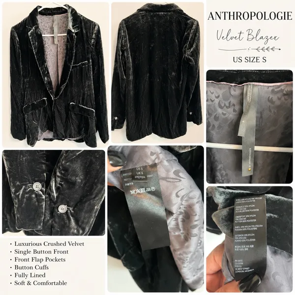 Anthropologie Alessia Velvet Blazer Jacket Womens S Emerald Green Crushed Velvet - Image 2