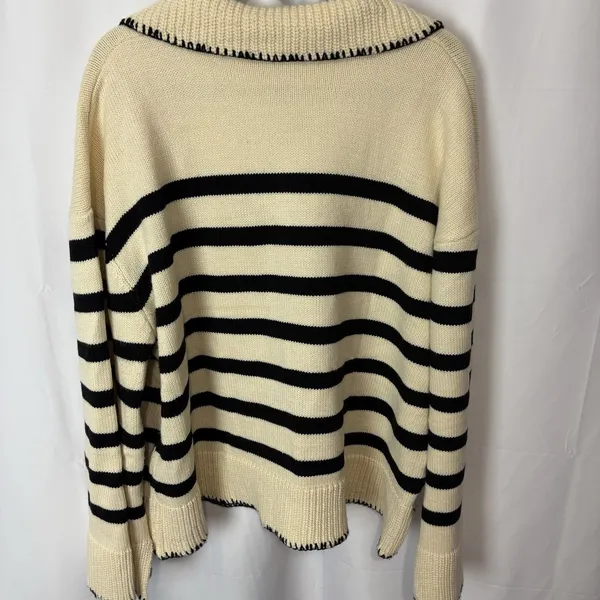 Unbranded Women’s Collared Polo Sweater Cream & Navy Stripe 2XL Nautical Boho - Image 11
