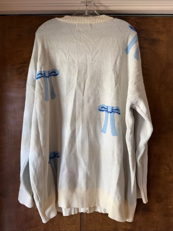 Miss Sparkling Ivory Blue Bow Cardigan Oversized V Neck Knit. Size L - Image 5