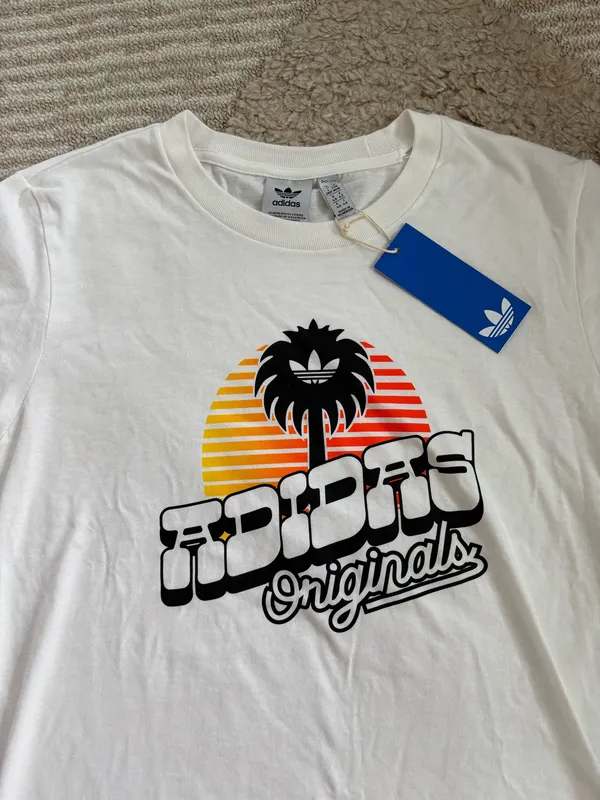 NWT Adidas White Graphic Tee with Sunset Palm - Image 2