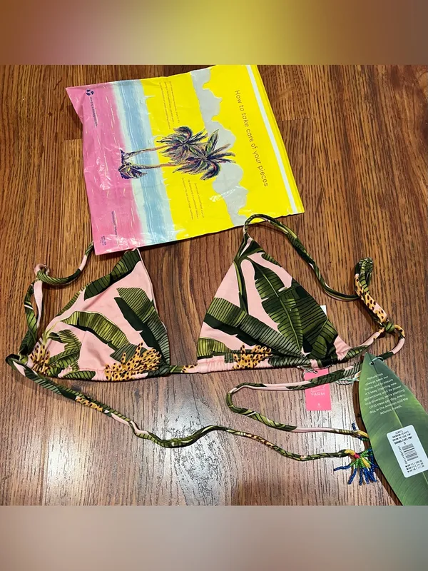 Farm Rio Banana Leaves Pink Triangle Bikini Top NWT Size S Tropical Swim - Image 11