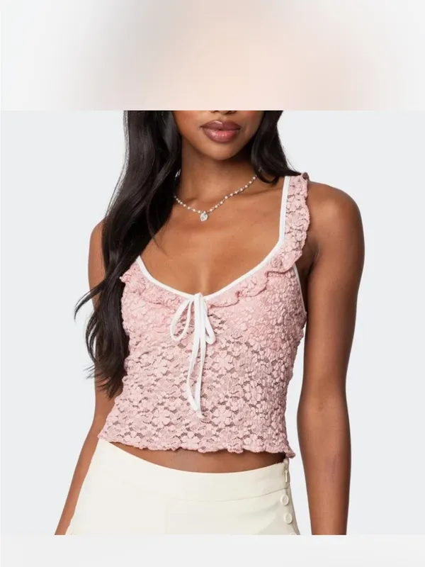 Edikted Pink Lace Tank Top Medium - Image 2