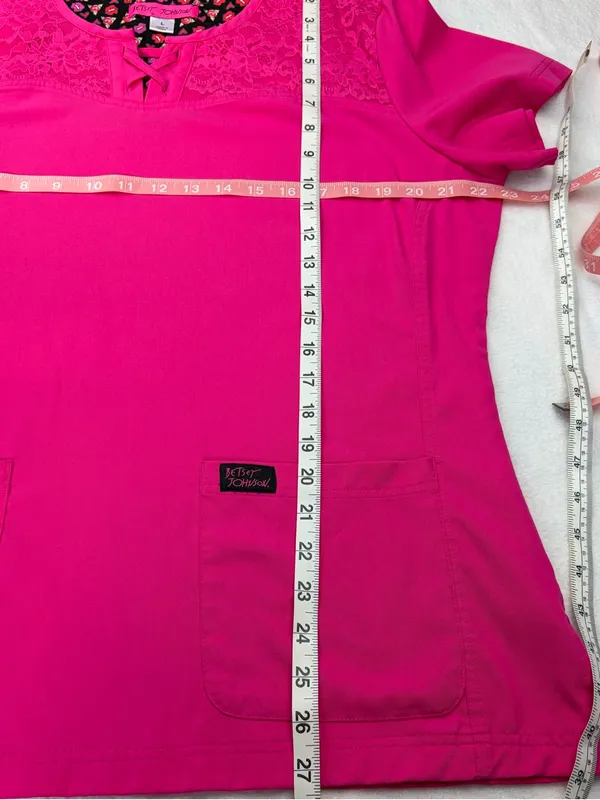 Betsey Johnson Pink Lace Yoke Scrub Top Women’s Large Nurse Medical - Image 3