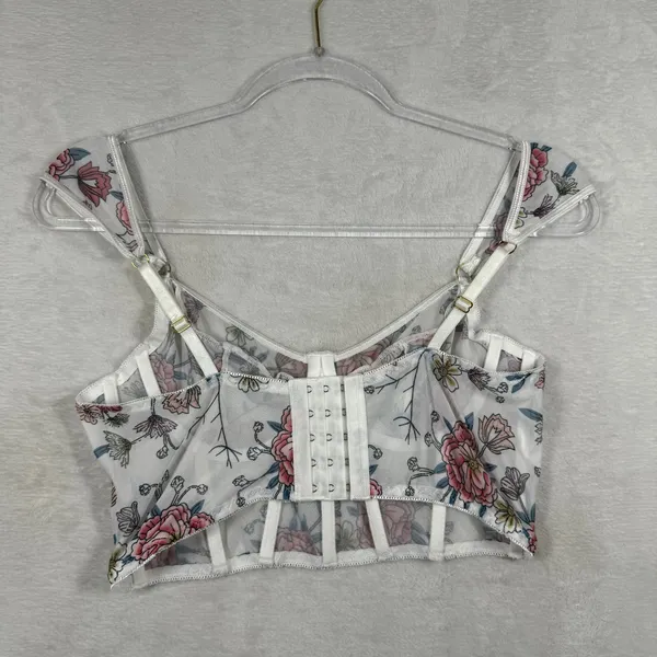 Floral Mesh Corset Top White Pink‎ Bustier Sweetheart Neckline Boning Size M - Image 5