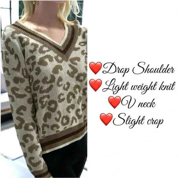 New Animal Print Light Knit V Neck Drop Shoulder Winter Sweater Sparkle Accents - Image 7