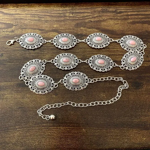 Silver Y2K Smudged Pink Stone Western Chain Belt, Fits 28-38 Inches, X7GA1379 - Image 6
