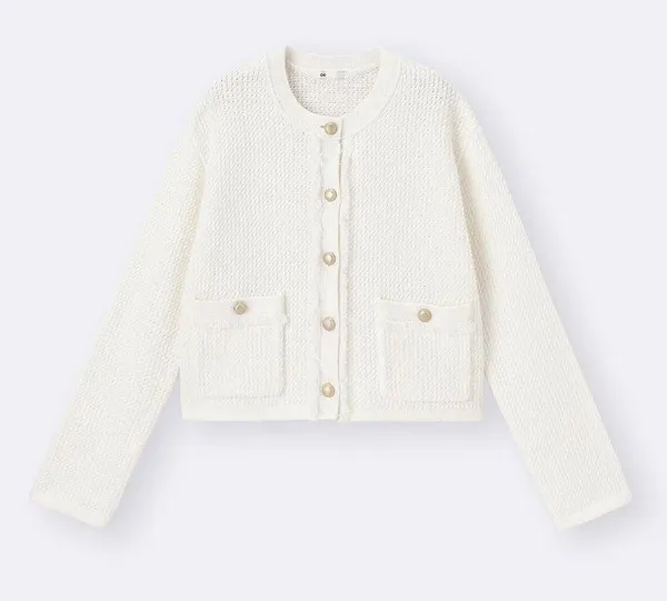 GU (Uniqlo) Fringe Double Pocket Knitted Jacket in Off White - Image 2