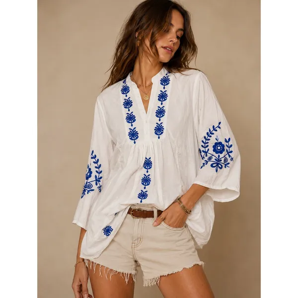 Zara Women Tunic Top XS White Blue Floral Embroidered Boho 3/4 Sleeve - Image 3