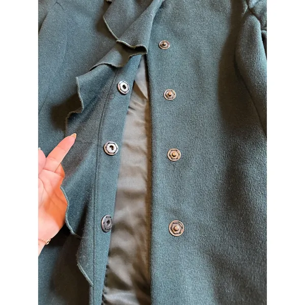 DKNY Coat Womens 12 Green Wool Blend Ruffle Front Snap Button Long Jacket - Image 2