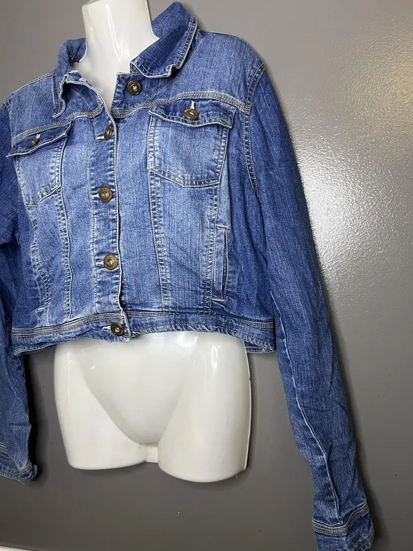 Dunnes Denim Jacket Womens 16 Blue Cropped Jean Button Front Stretch Trucker - Image 3