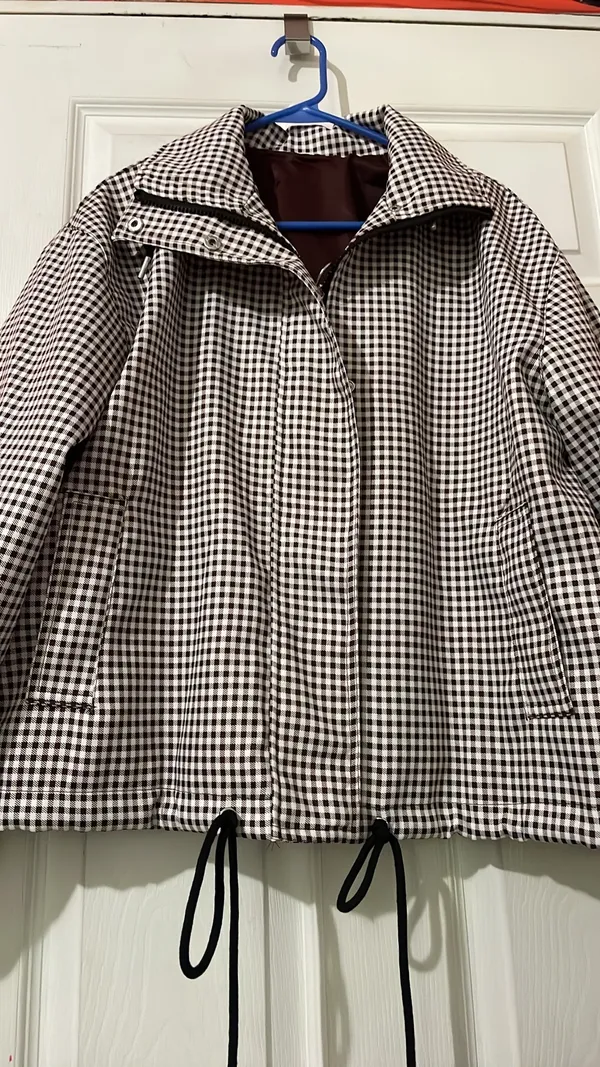Amazon Women Gingham Zipper Bomber Jacket Stand Collar Long Sleeve Jacket Cropped Outwear with Pockets - Image 3