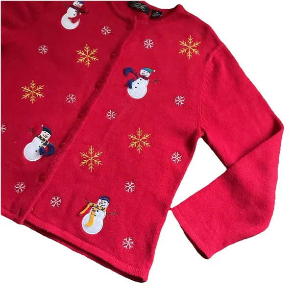 Crystal-Kobe Women's Red Christmas Cardigan Sweater Snowmen‎ Design Size Medium - Image 4