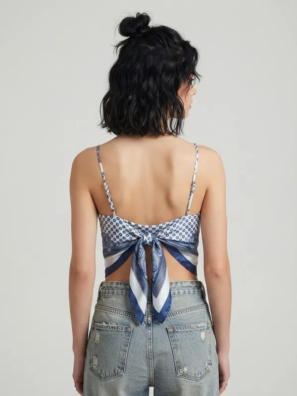 Zara Paisley Scarf Print Tie Back Handkerchief Cami Top Blue White XS-S NWT - Image 10
