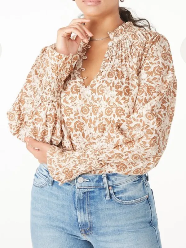 Cleobella Reza Blouse Peasant Tamil Block Print Floral Cotton Boho Brown Ivory - Image 3
