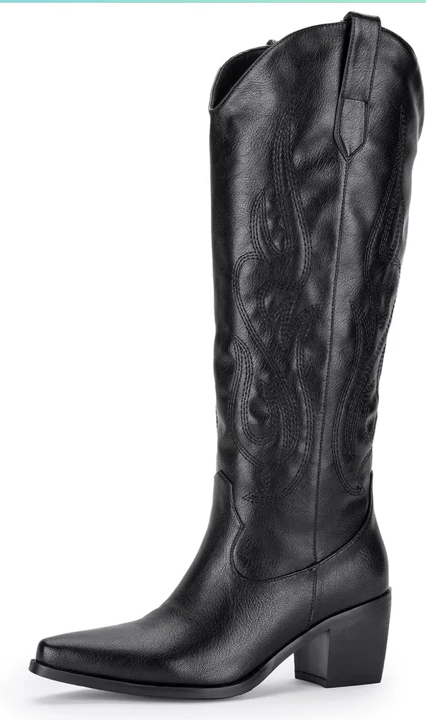 Amazon Black Pointed Toe Knee High Cowboy Boots - Image 2